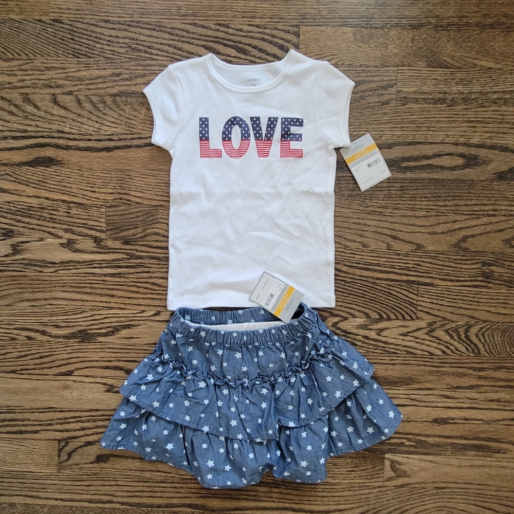 NWT Carter's Toddler Girl 3T Love USA Stars Shirt & Skirt
